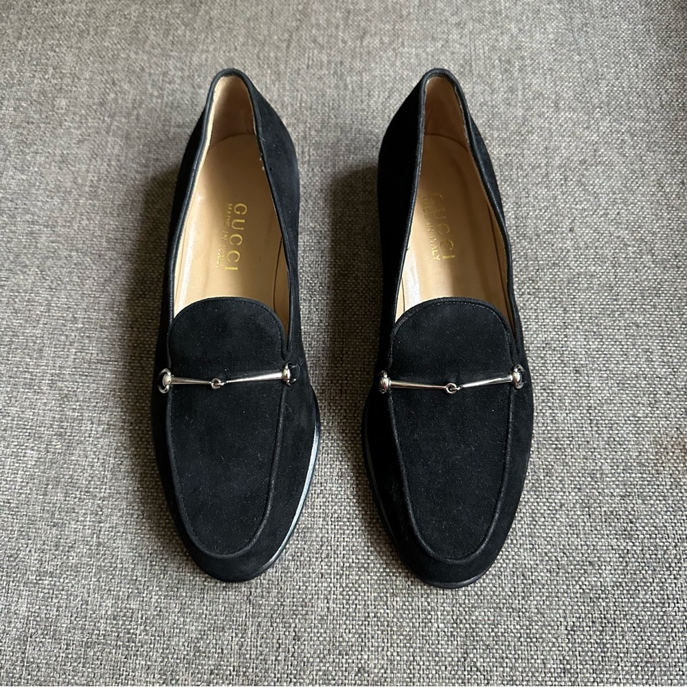 New Gucci black suede horsebit loafers